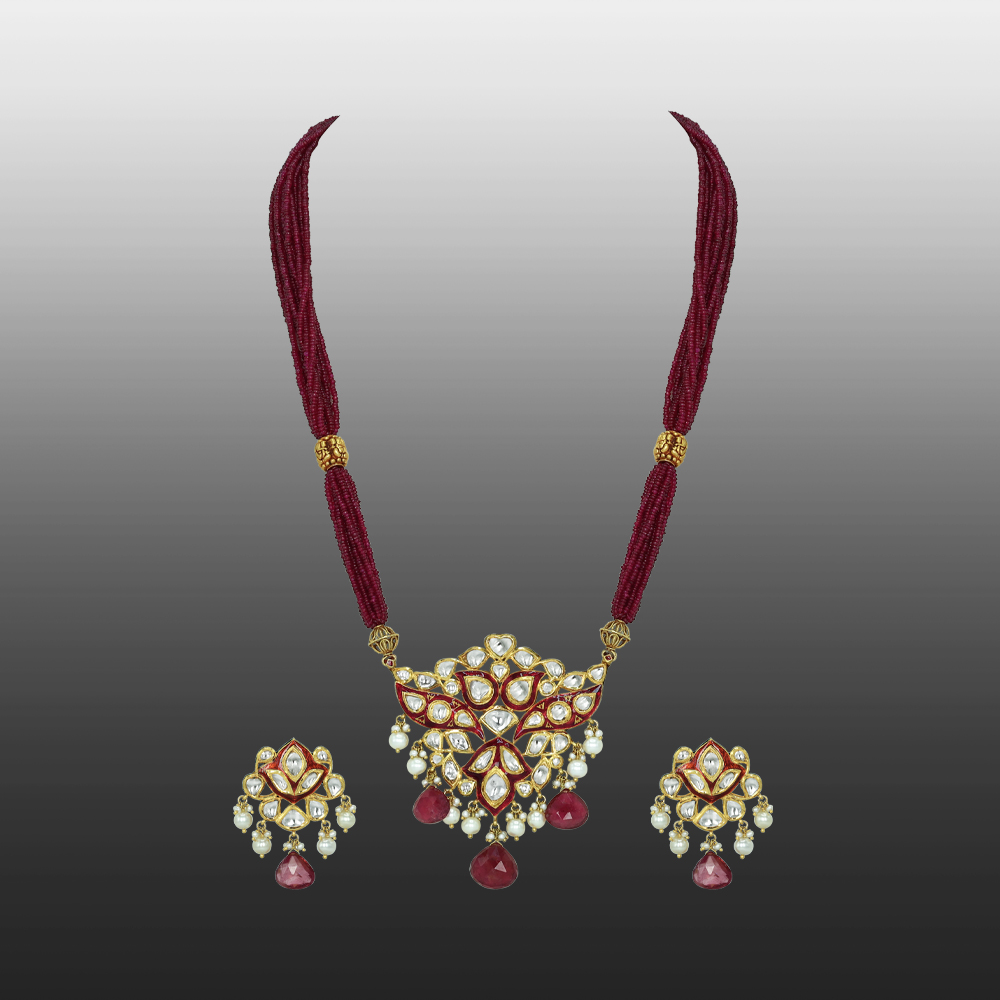 Red Enamel Polki Pendant Set with Tourmaline and Pearl Drops